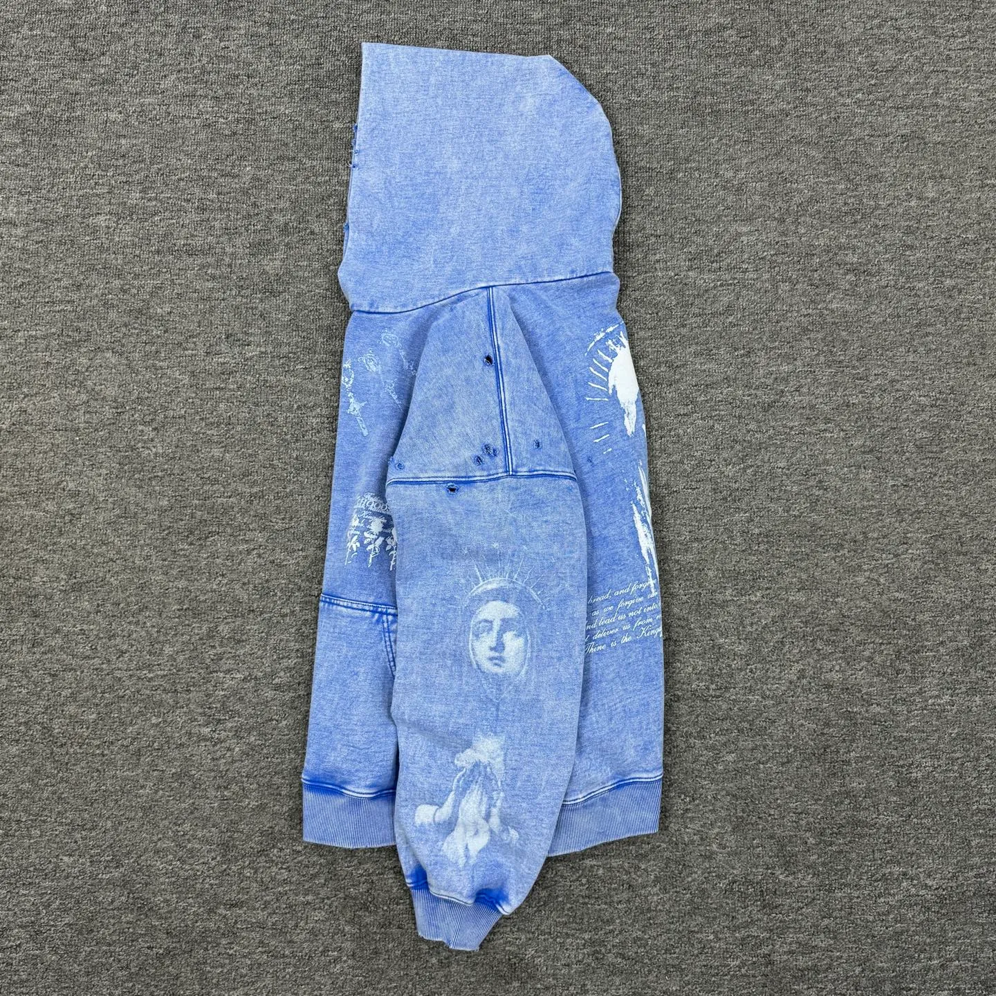 P288 # CHE-08 Saint Maria Limited Loose Portrait Washed Distressed Hooded Sweatshirt Customized heavyweight pure cotton fabric Thermoset ink printing Multi-position manual destruction process Assute yeast mill wash water natural fading effect Size: S M L XL